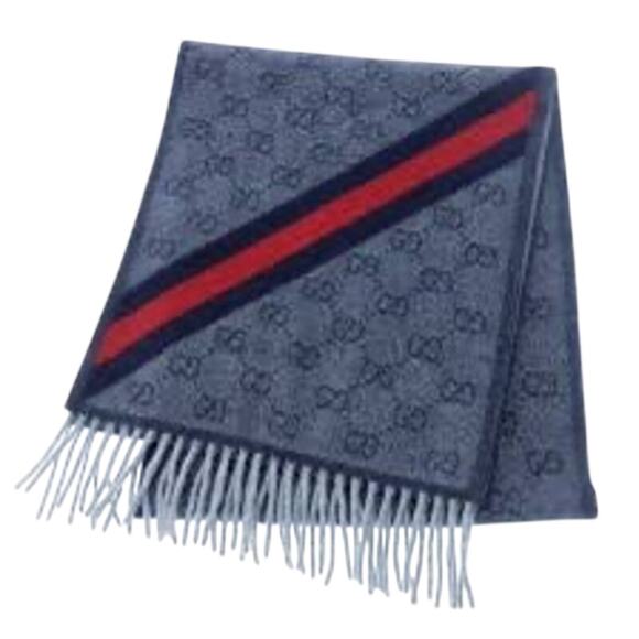 Gucci NWT Nikky Wool GG Monogram Web Stripe Scarf in Midnight Blue